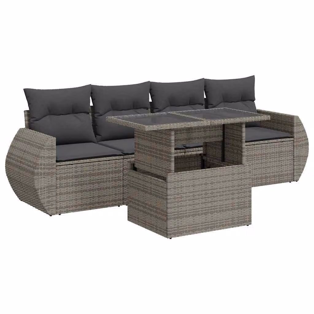 Set Divano da Giardino 5 pz con Cuscini Grigio in Polyrattan