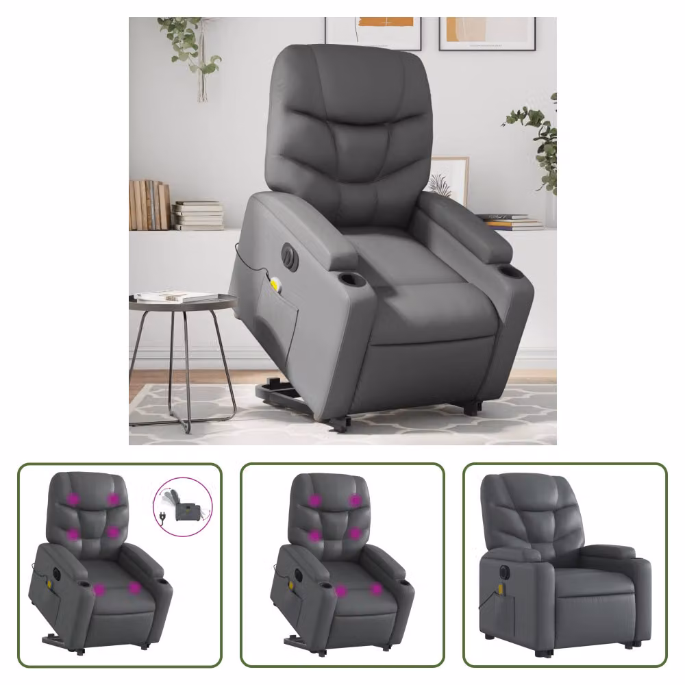 The Living Store Sedia massaggiante con supporto in piedi elettrica in ecopelle grigia