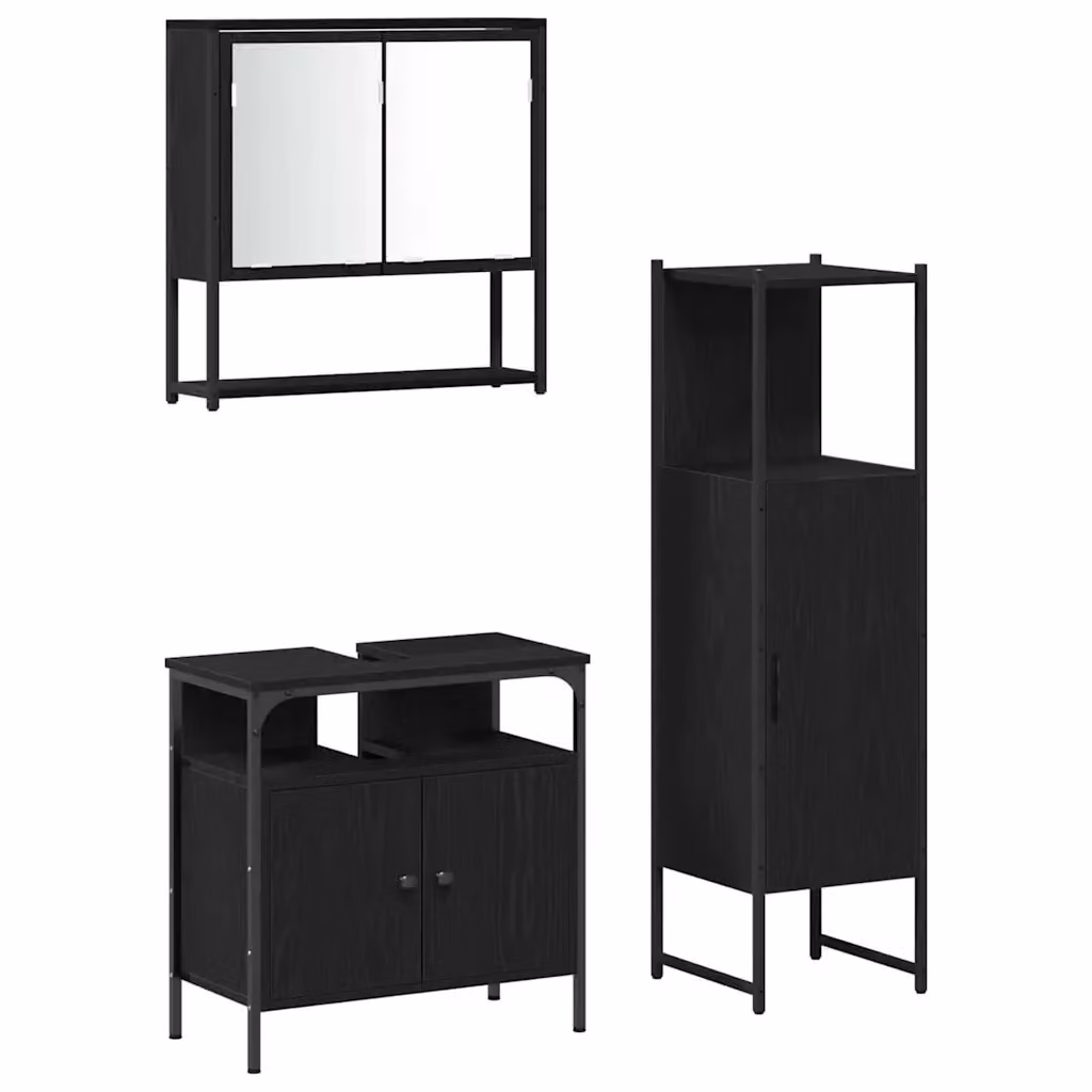 Set di mobili per il bagno moderno vidaXL in 3 pezzi nero opaco con armadietto a specchio, mobile lavabo e colonna alta in MDF – 2