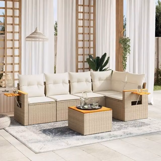 Set da giardino moderno vidaXL in polyrattan composto da 6 pezzi con cuscini beige e tavolino da esterno – 1