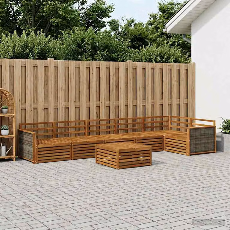 Set di divani da esterno vidaXL 7 pz in legno di acacia massello marrone con cuscini inclusi e tavolino da caffè coordinato