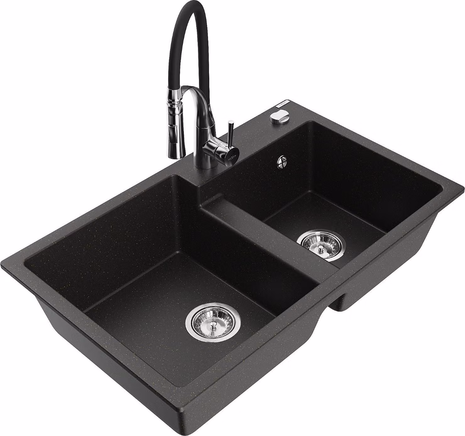 Mexen Tomas lavello in granito a 2 vasche con rubinetto da cucina Aster, nero/oro metallizzato - 6516-75-73450-07