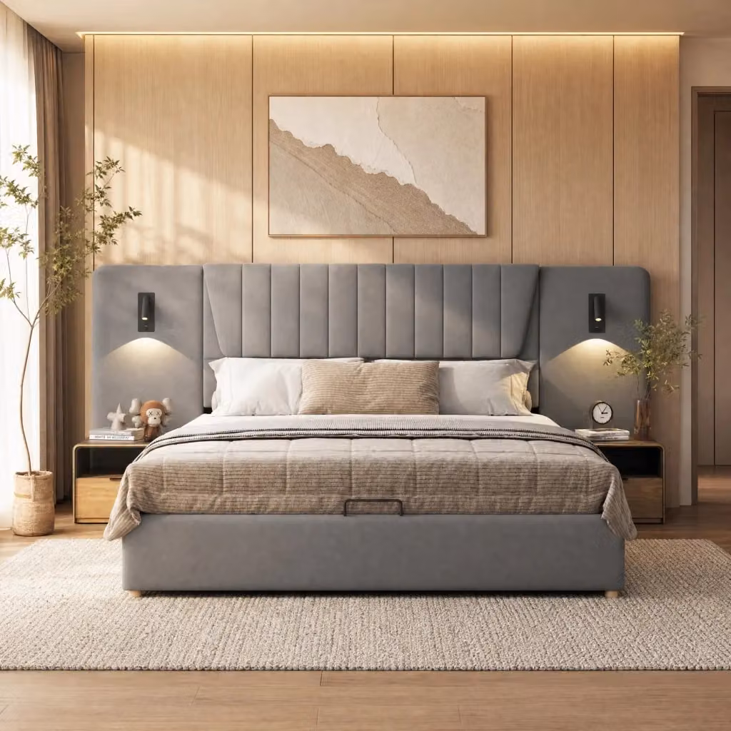 Letto matrimoniale con contenitore Mivray in velluto grigio con testiera imbottita, luci di lettura integrate e porta USB, L/P: 180 x 200 cm – 2