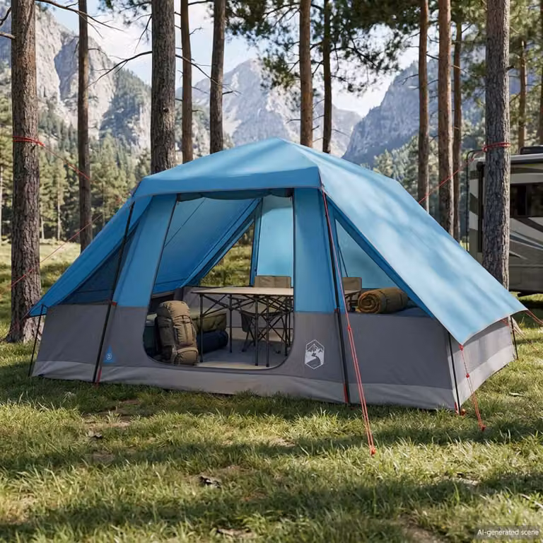 Tenda familiare vidaXL blu con telo da pioggia impermeabile in poliestere e acciaio