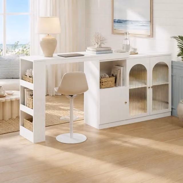 Desviae Mobile bar girevole a 360° con ante in vetro e vani aperti in MDF bianco per cucina sala da pranzo e soggiorno