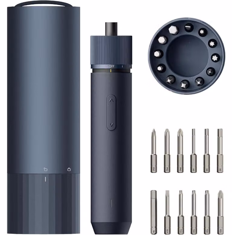 Set di avvitatori elettrici con 12 punte, 3 livelli di coppia, 4 Nm, 220 giri/min, batteria da 1500 mAh, connettività USB-C e luce LED