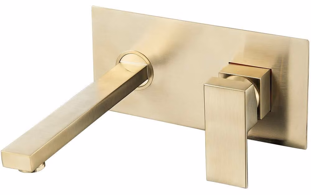 Miscelatore monocomando per lavabo, finitura oro spazzolato, design squadrato