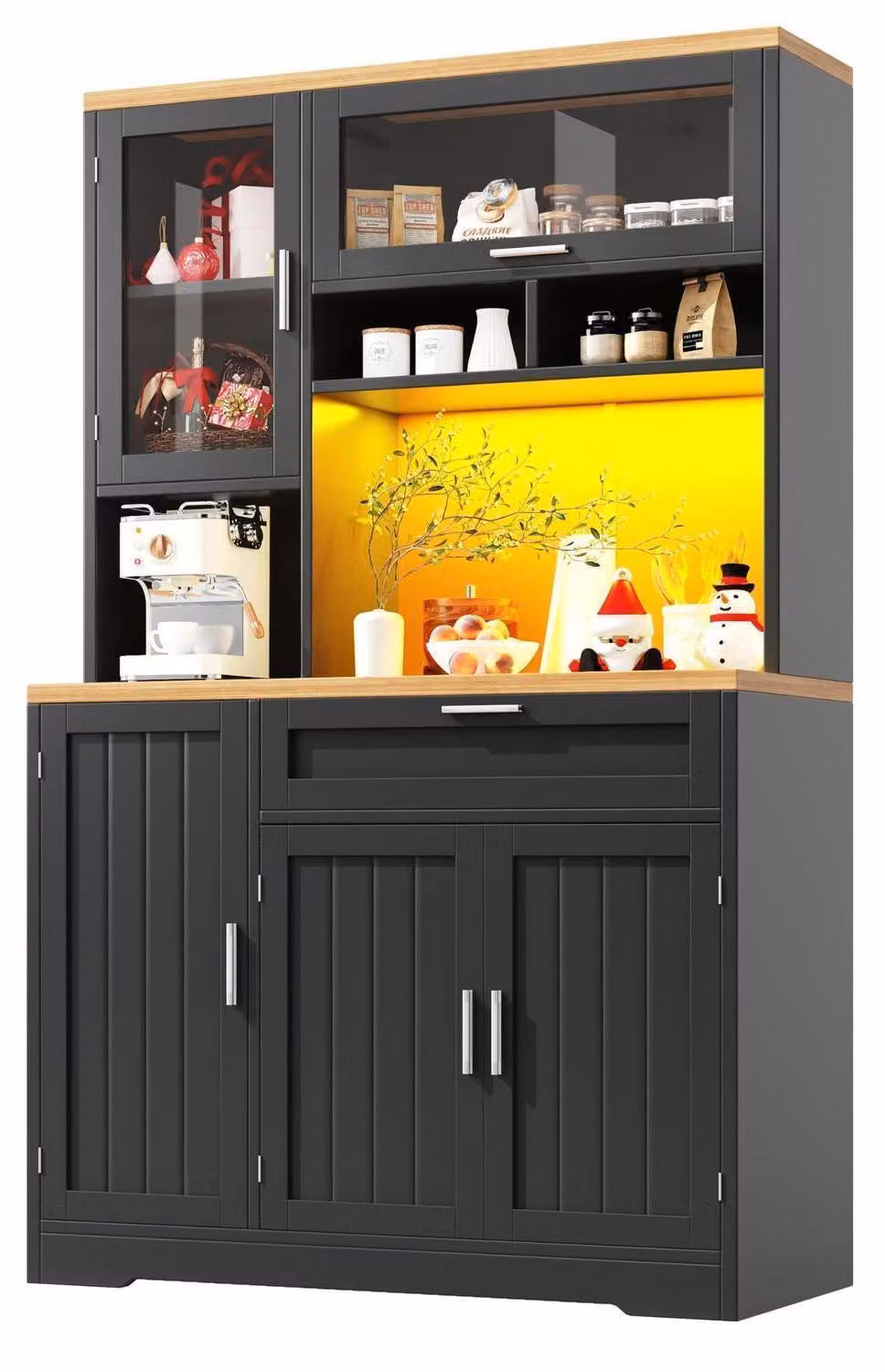 Armadio alto da cucina, altezza 180 cm, con illuminazione a LED e porta in vetro, colore nero