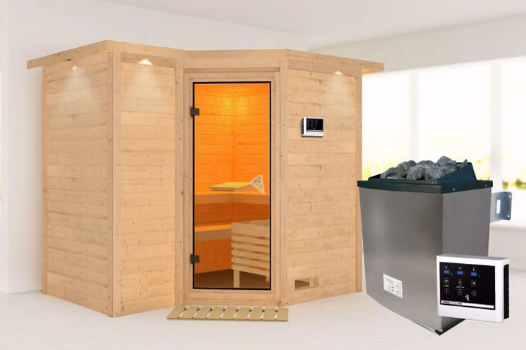 Cabina Karibu sauna interna Sahib Sauna interna 3 panche in legno con finitura naturale Cabina sauna Spessore parete: 40 mm Sauna a infrarossi