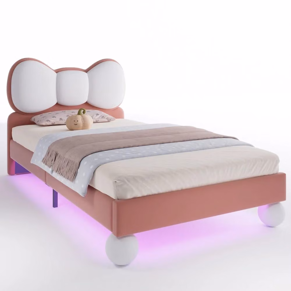 Letto singolo imbottito Minimal con testiera e illuminazione LED in velluto Beige e Rosa L/P: 90 x 200 cm – 2