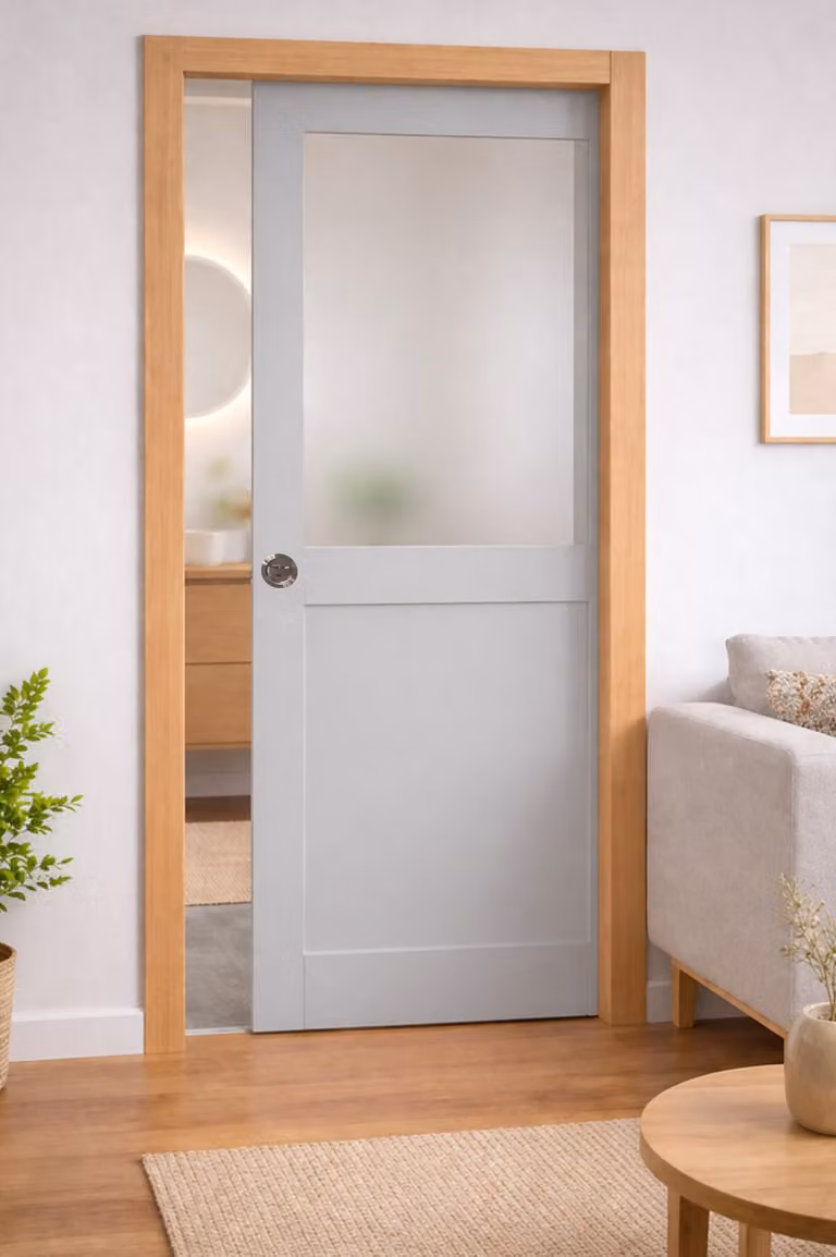 Porta scorrevole Athena grigia chiara con vetro H204 x L83 cm, incasso, kit di finitura Gd Menuseries