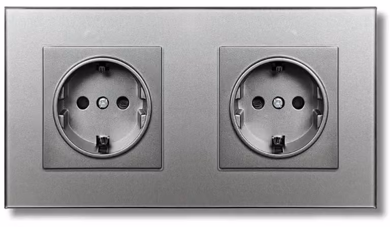 Presa doppia con cornice in vetro temperato iUni WS2, 16A, Argento