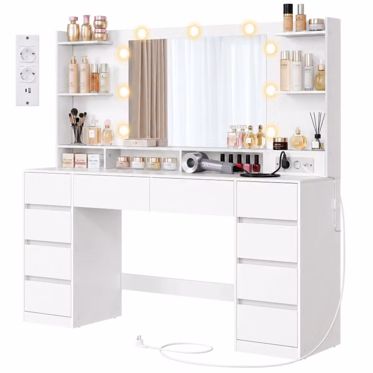 Toeletta con specchio LED e ampi cassetti organizzati, mobile con cassetti / 137 x 40 x 144,3 cm