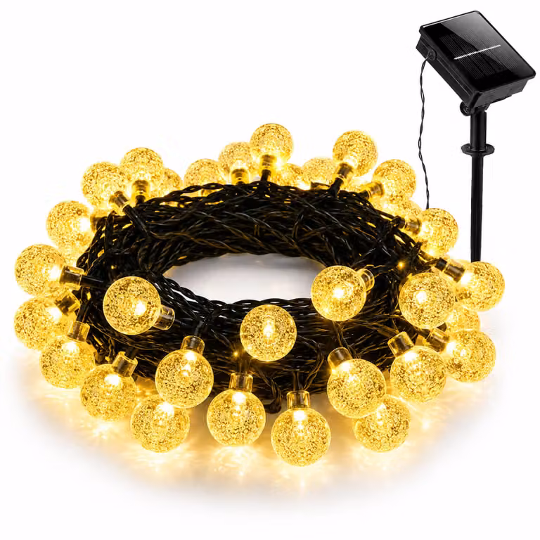Catena luminosa solare da esterno, 5 metri, 20 LED, sfere di cristallo, 2 modalità, luce bianco caldo, accensione/spegnimento automatico, ideale per decorare giardino, terrazza, balcone, per Natale o per feste