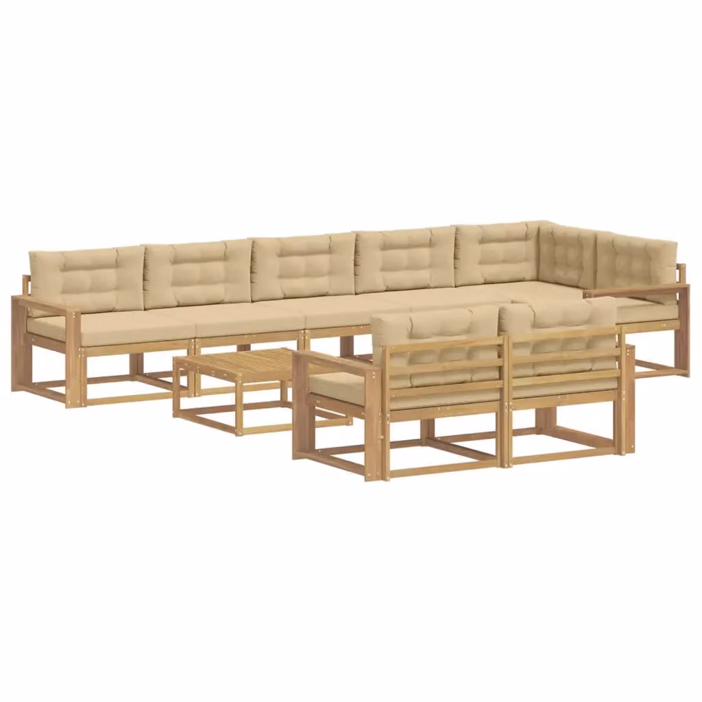 Set di divani da esterno a forma di U vidaXL in legno di acacia con cuscini, bianco e beige – 2