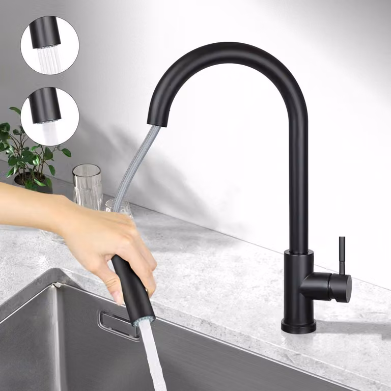 ZMH Miscelatore per cucina nero Miscelatore estraibile per lavello con doccia Rubinetto miscelatore lavello girevole a 360° in acciaio inox con 2 modalità di spruzzo Rubinetto a bassa pressione