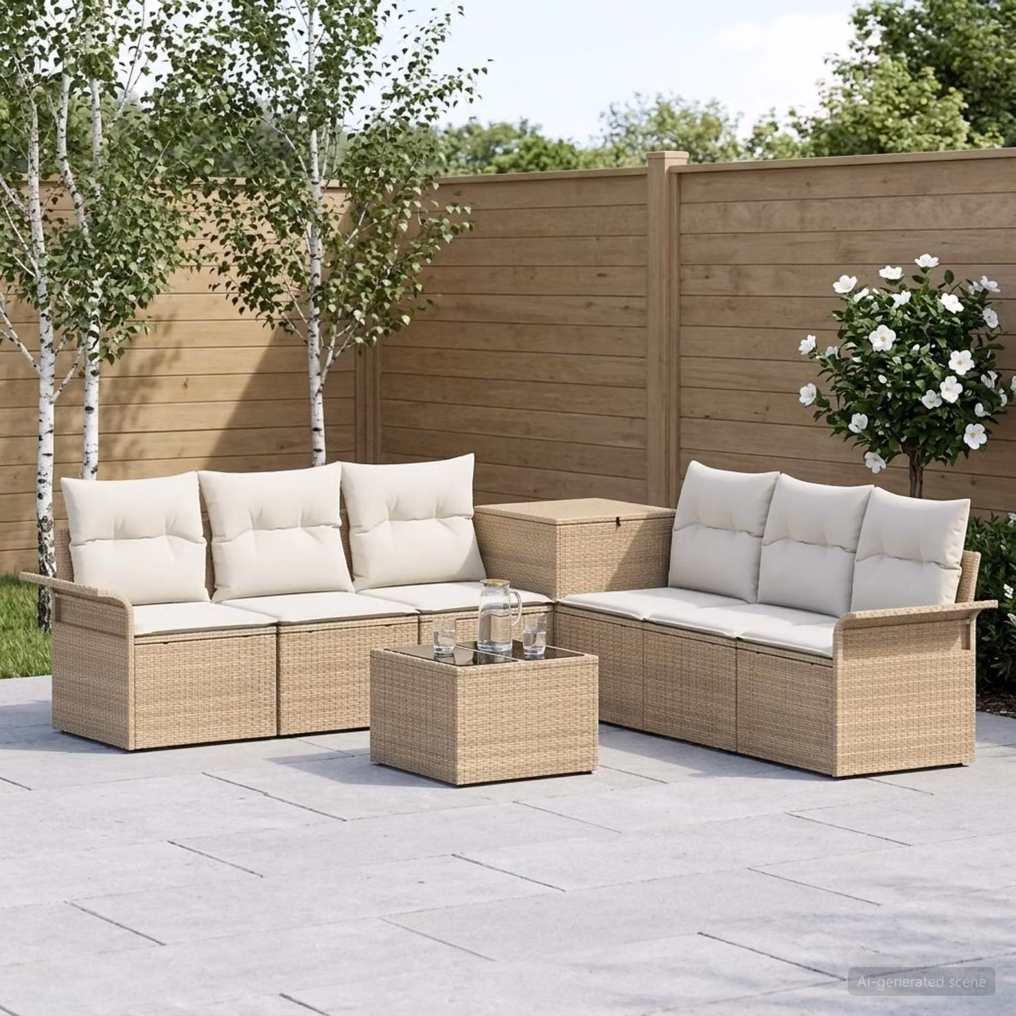 Set di divani da giardino vidaXL a forma di U composto da 8 pezzi in beige e bianco crema con struttura in metallo e cuscini inclusi