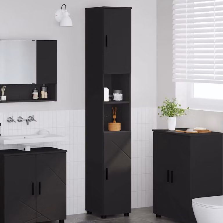Mobile da bagno vidaXL con ante a battente e ripiani interni, Nero, L: 30 cm, P: 35 cm, H: 192 cm