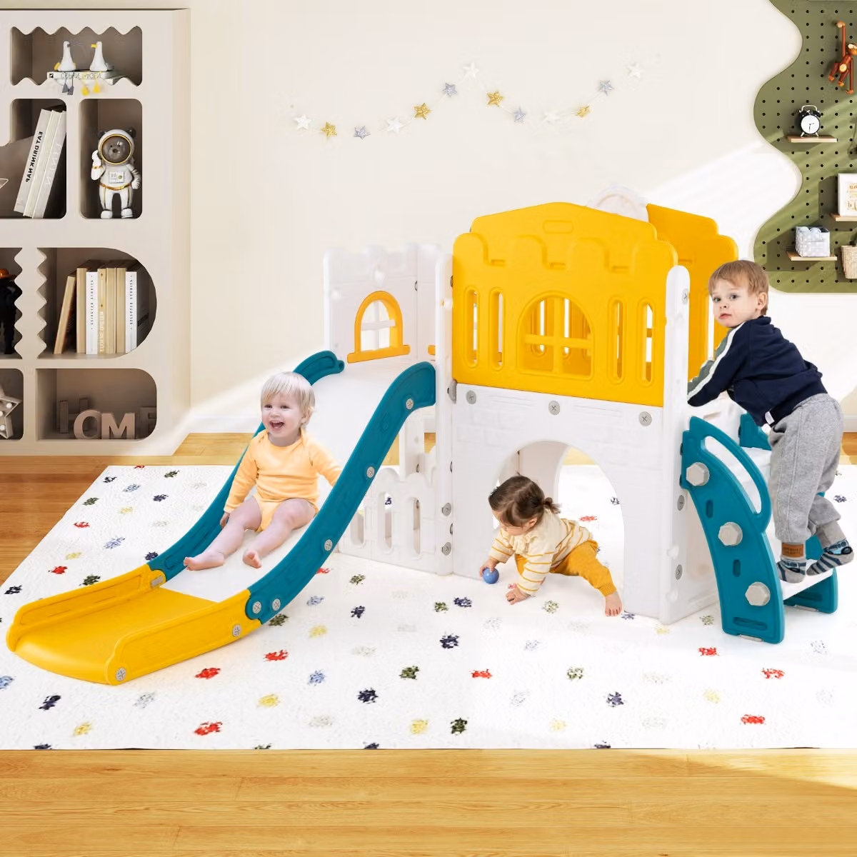 Scivolo per bambini Costway 9 in 1 con canestro da basket e spazio di archiviazione, modello da interno per bambini dai 12 mesi in giallo