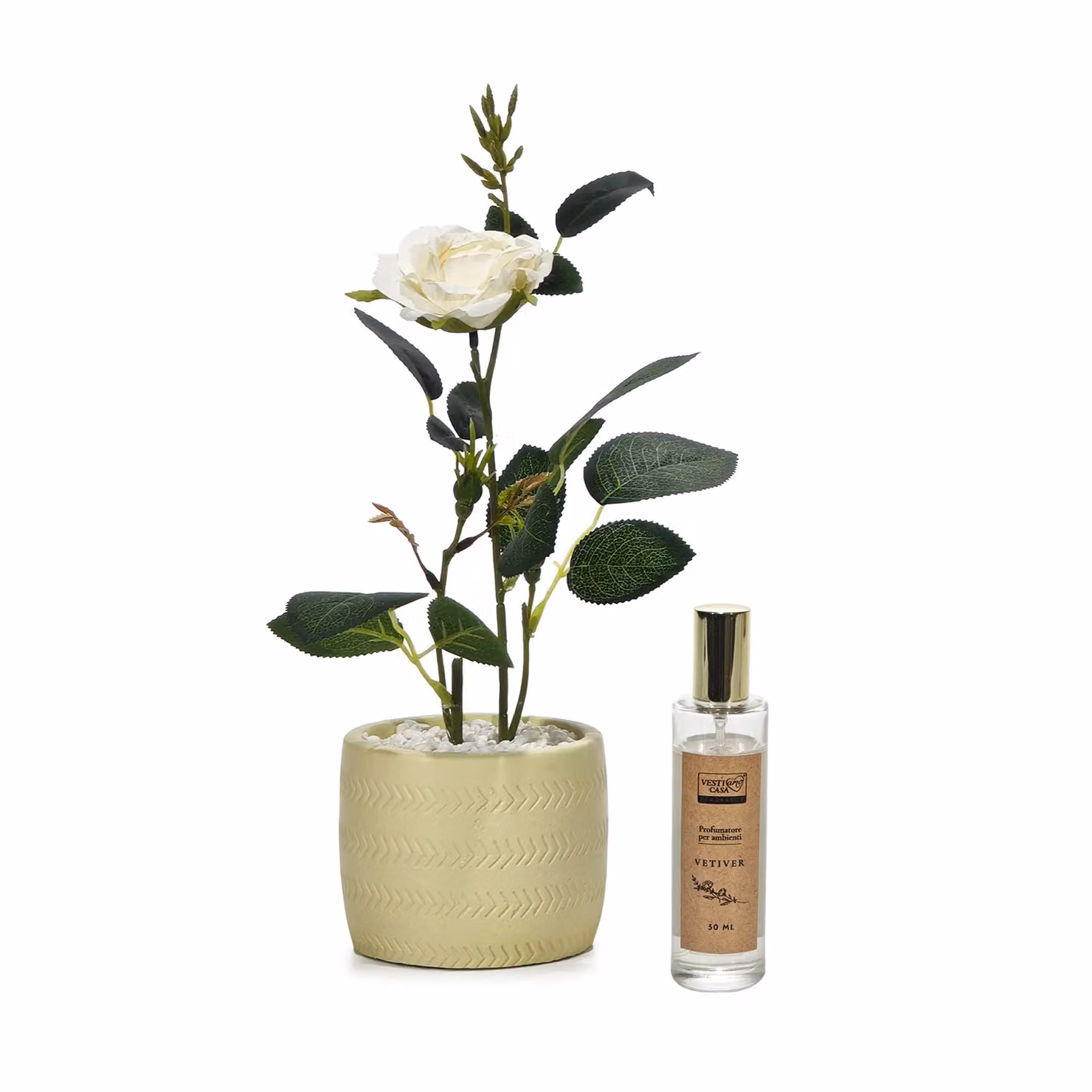 VESTIAMO CASA Pianta di Rose Artificiale Decorativa con Vaso e Spray Profumato da 30 ml – 1