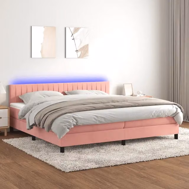 Letto Ibrido con Materasso a Molle Insacchettate vidaXL in Velluto Rosa e Bianco con Illuminazione LED e Porte USB L/P/H: 200 x 200 x 88 cm – 1