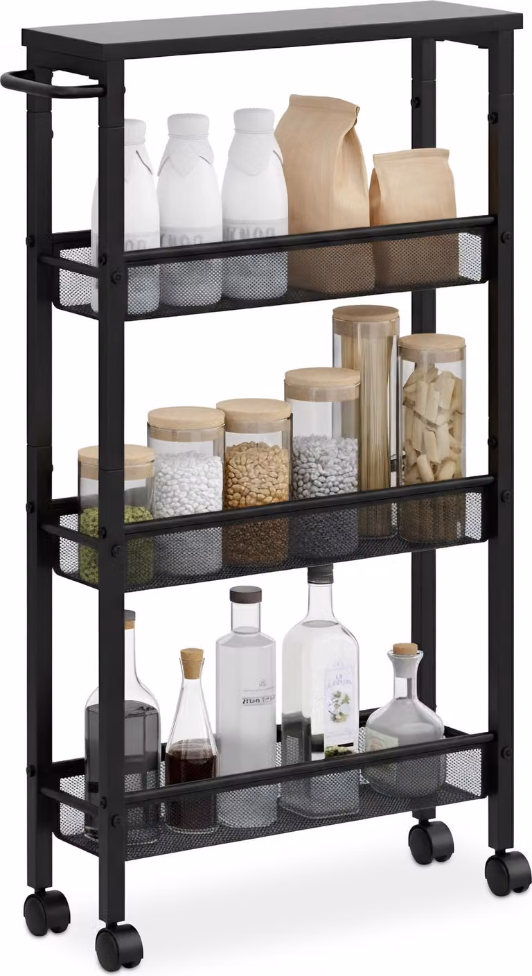 Relaxdays Scaffale da nicchia, L x P x A: 77 x 13 x 45,5 cm, scaffale da nicchia stretto per bagno e cucina, 4 ripiani, scaffale mobile in metallo, nero