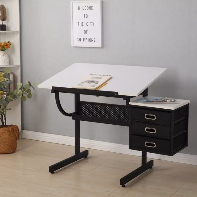 Tavolo da disegno con piano regolabile 0-75 gradi; 3 cassetti e sgabello in metallo bianco