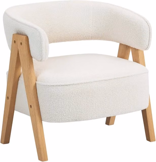 Poltrona moderna imbottita, rivestimento in pile, poltrona d'accento, poltrona con gambe in legno, struttura in metallo, bianca