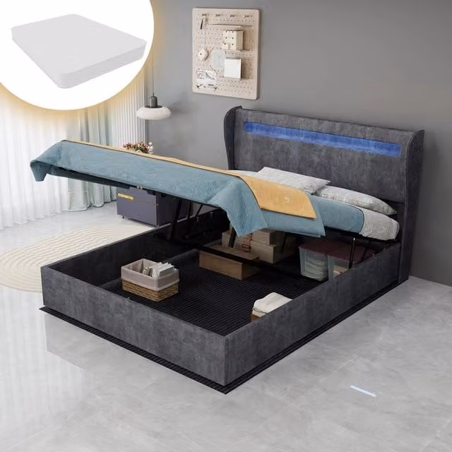 Letto Contenitore Imbottito con LED ¨C MINIMAL ¨C Grigio 140x200 con Materasso