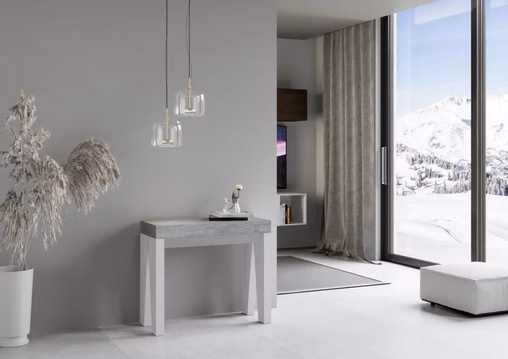Consolle allungabile Naxor Mix Small Bs Com con piano in cemento e struttura bianco frassino L/P/H: 90 x 40 x 196 cm – 2