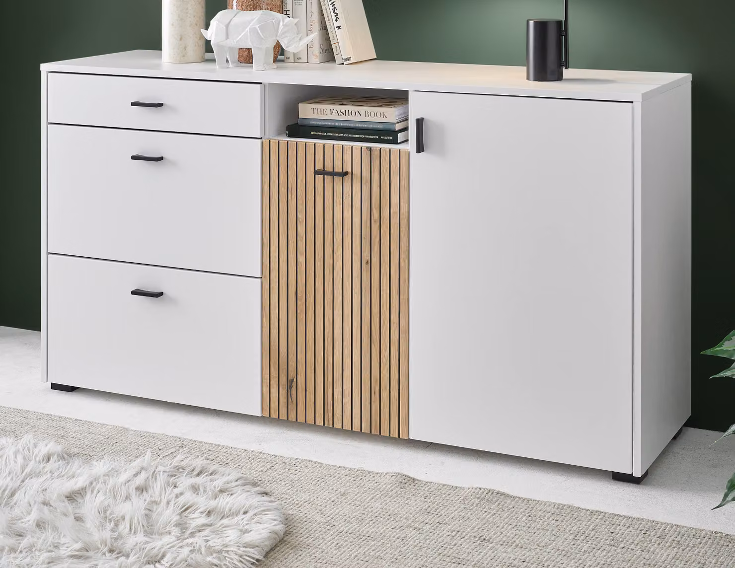 Cassettiera "Merced" bianca con rovere 150 cm, funzione soft-close e look a bastone