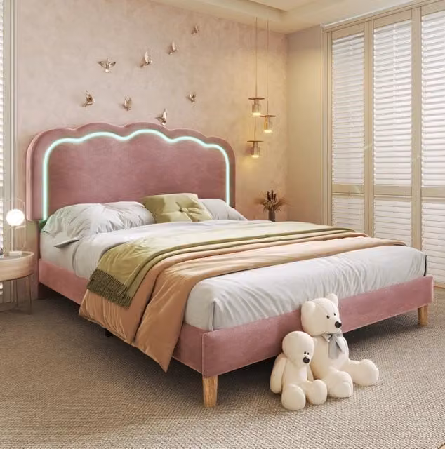 Letto matrimoniale imbottito rosa 140x200 cm con testiera LED regolabile e rete a doghe