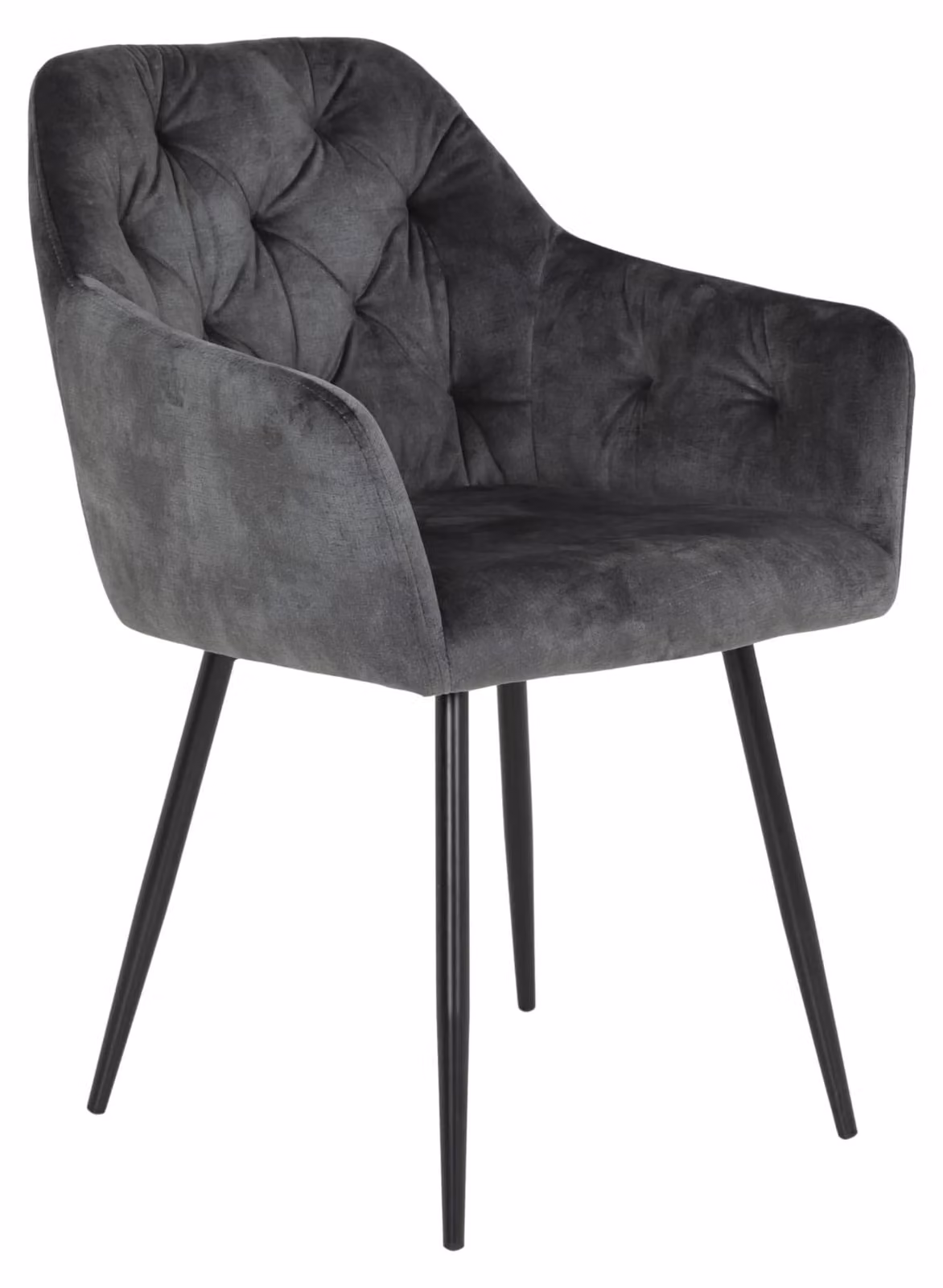 Sedia da pranzo con braccioli, rivestita in velluto grigio antracite, con gambe in metallo