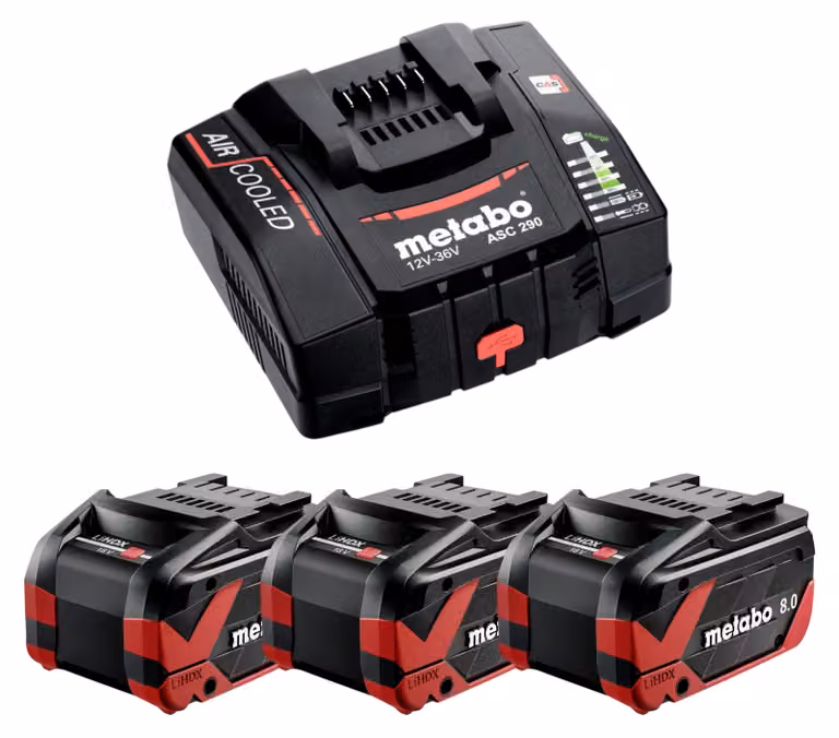 Set base Metabo 3x batteria LiHDX 18 V 8,0 Ah ( 3x 624975000 ) + caricatore ASC 290 ( 627370000 )