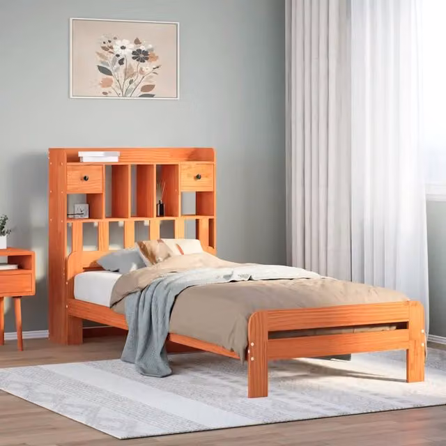 Letto Libreria VIDAXL in Legno di Pino Marrone Cera con Ripiani e Doghe, L: 75 cm, P: 190 cm, H: 110 cm – 1