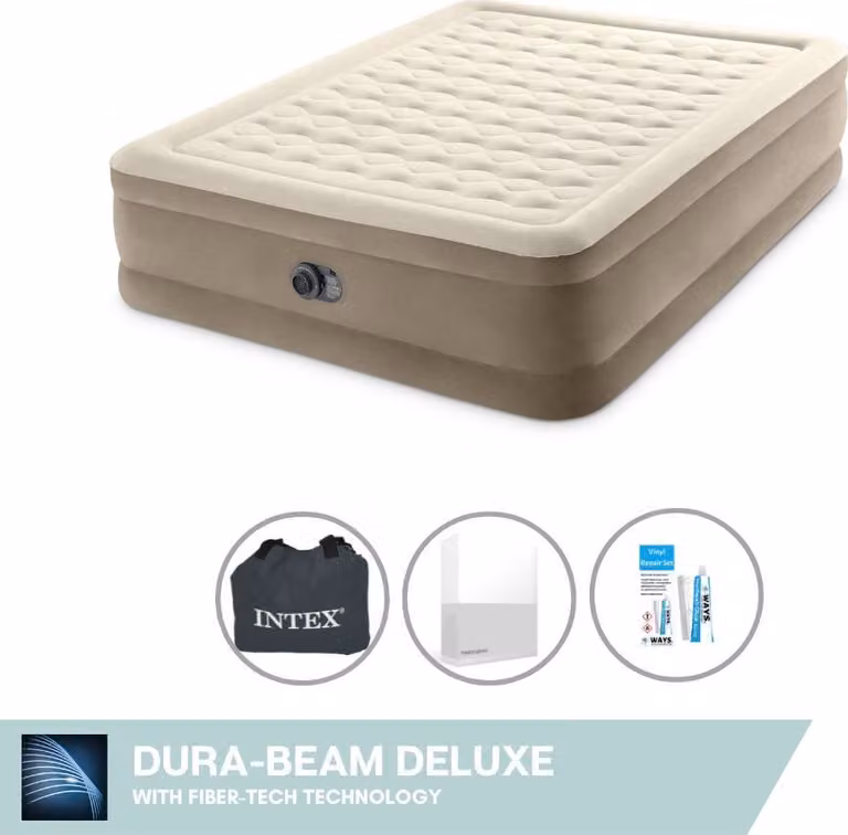 Intex Airbed - 2 persone - 152 x 203 x 46 cm - Beige - Con pompa incorporata, lenzuolo bianco e kit di riparazione