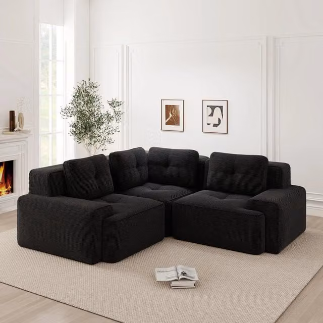 Divano Modulare Soggiorno in Tessuto a Coste ¨C MINIMAL ¨C Nero, Imbottito, Senza Montaggio