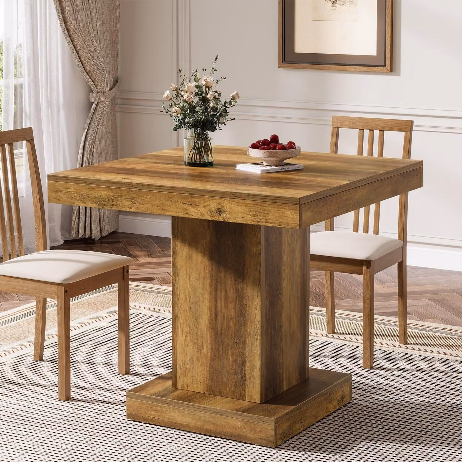 Tavolo quadrato per 4 persone, stile rustico da cucina, colore marrone, dimensioni 80x80x75 cm
