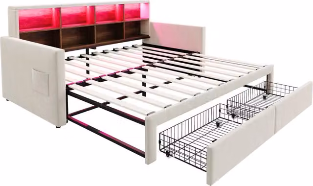Divano letto imbottito allungabile 90x190 cm in velluto beige con contenitori integrati, luci LED e prese di ricarica
