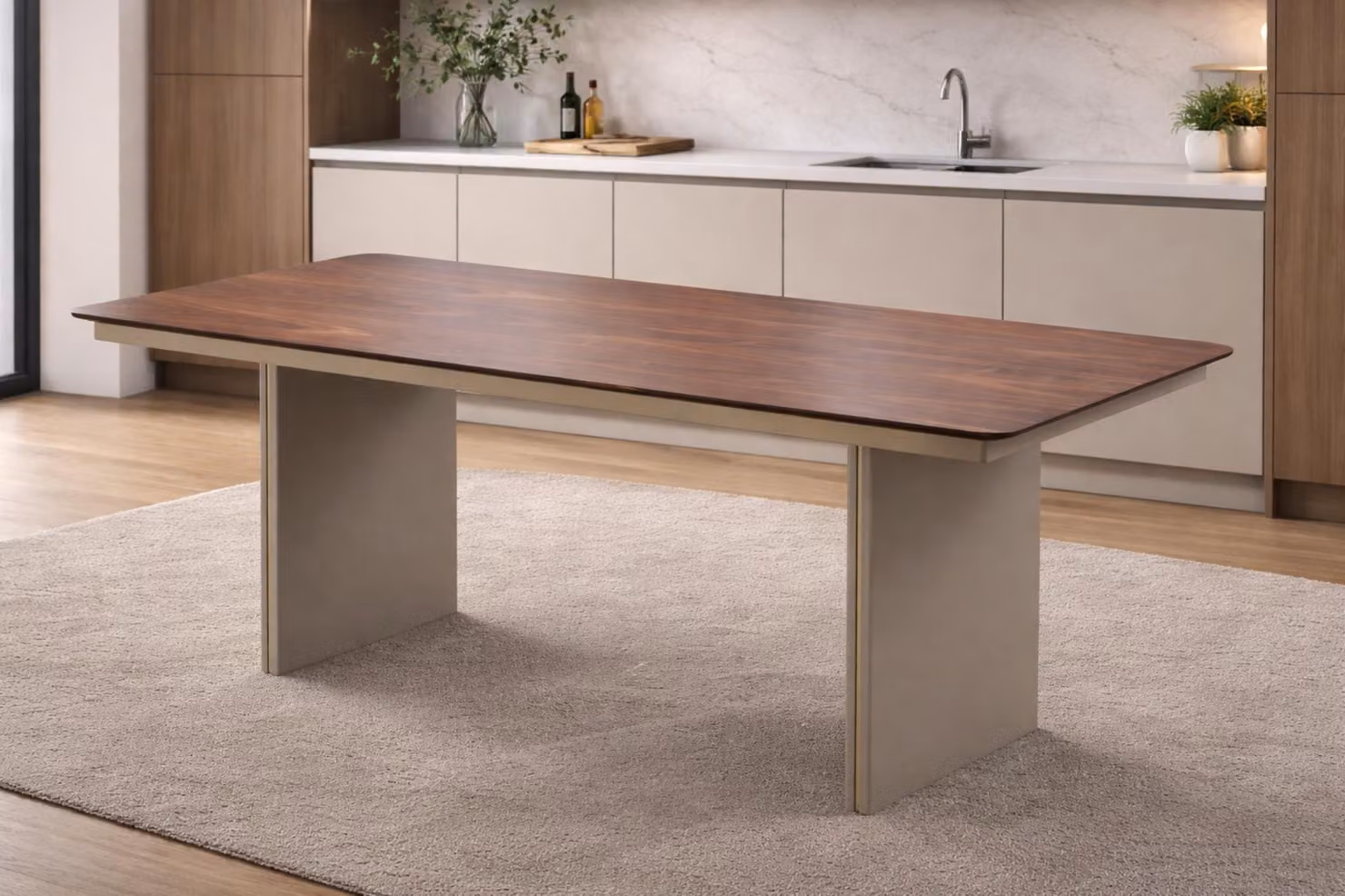 Elegante tavolo da pranzo marrone, con robusto piano in legno, raffinato tavolo da pranzo
