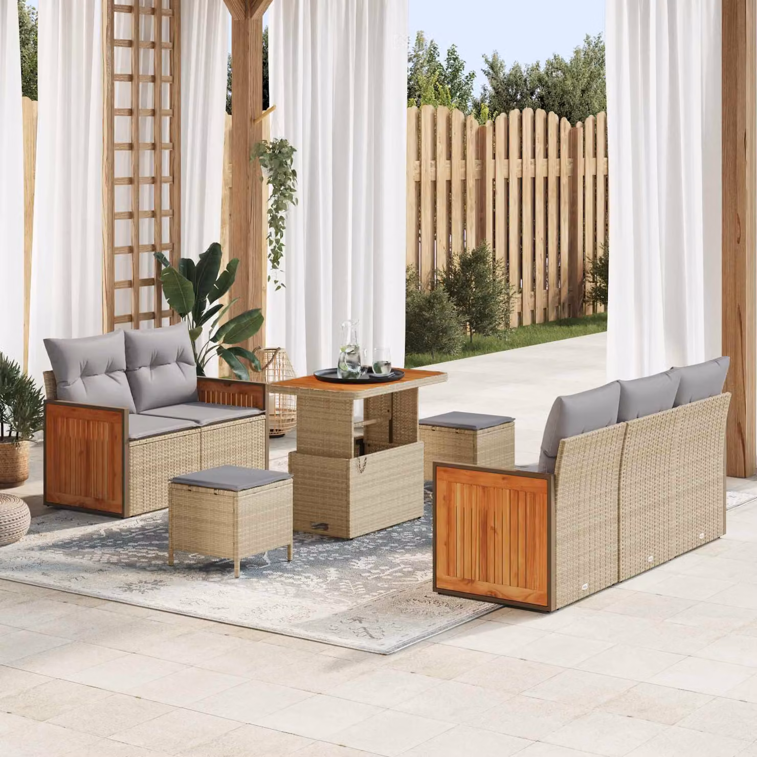 Set Divano da Giardino vidaXL 8 posti a forma di U con Tavolino e Ottoman, Colore Beige e Grigio – 1