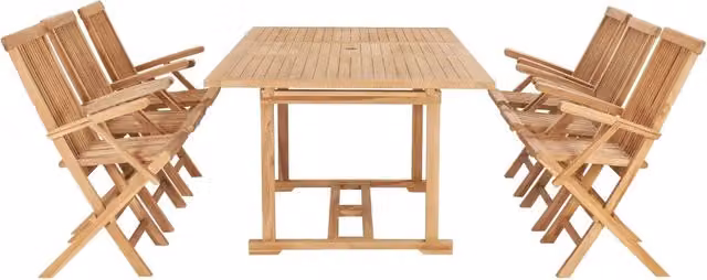 Set da pranzo per esterni vidaXL in teak massello marrone con tavolo estensibile, 7 pezzi, L: 150-200 cm, P: 100 cm, H: 75 cm