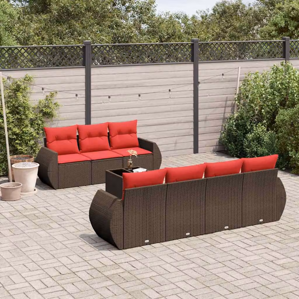 Set da giardino vidaXL 8 pezzi con divano a L e tavolino da caffè in rattan marrone e rosso con cuscini imbottiti e coperture rimovibili