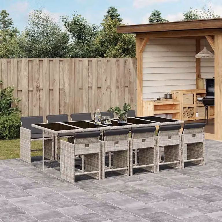 vidaXL Set Pranzo da Giardino in Polyrattan da 11 Pezzi con Piano in Vetro e Cuscini Grigio Chiaro