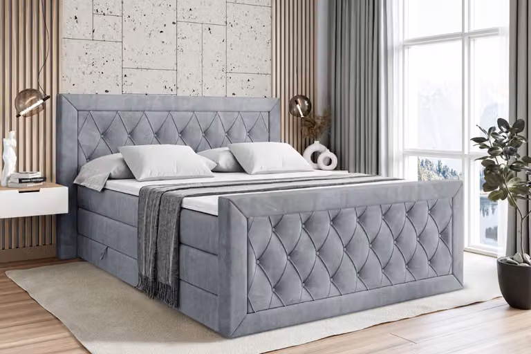 Letto boxspring ALTDECOR con materasso e rete a doghe, topper, pediera, letto imbottito con contenitore, letto con vano portaoggetti, materassi H3 e H4, letto matrimoniale, letto boxspring - NOEL-Z KING - 180x200 - Grigio velluto