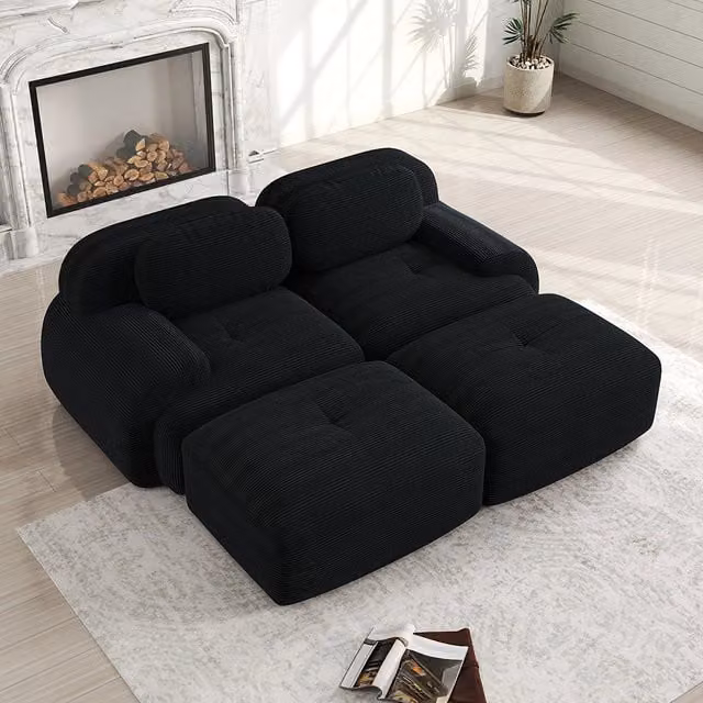Divano 2 posti modulabile con chaise longue - Xylo - Velluto costato, antiscivolo, ergonomico, nero