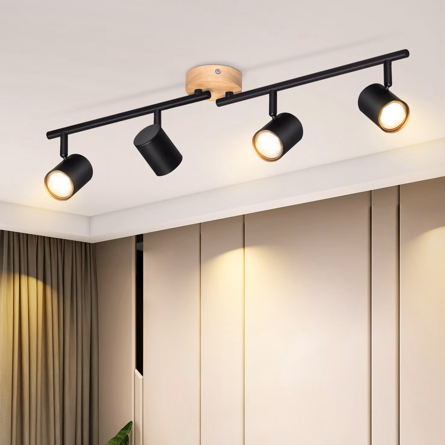 ZMH LED faretto da soffitto 4 fiamme lampada da soffitto legno GU10 faretto orientabile lampada da soggiorno vintage nero per soggiorno cucina senza lampadine