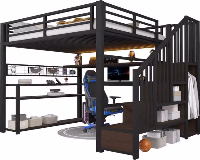 Letto a soppalco gaming REDOM con scrivania, armadio e illuminazione LED, in MDF e metallo, nero e multicolore, L/P/H: 200 x 140 x 251 cm – 1