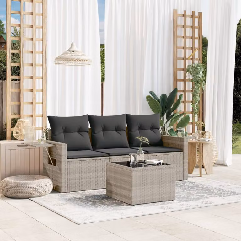vidaXL Set Divano da Giardino 4pz in Polyrattan Grigio con Cuscini Imbottiti e Tavolino