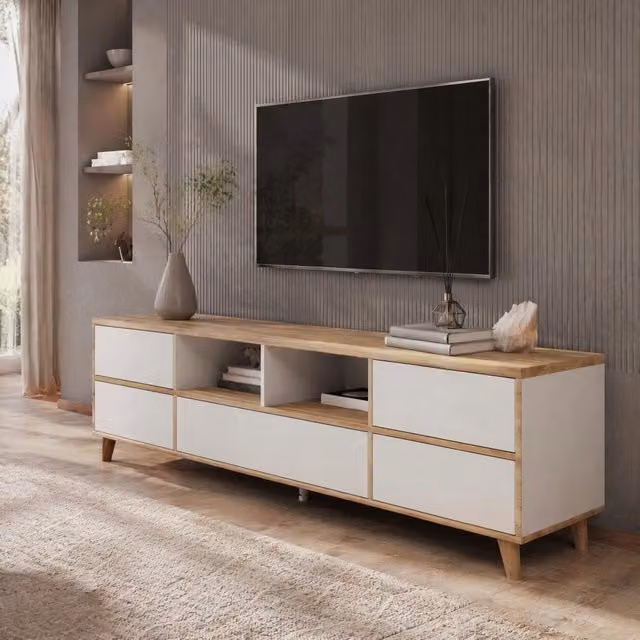 Mobile TV moderno REDOM in MDF bianco e legno per soggiorno L: 175 cm, P: 37 cm, H: 51 cm
